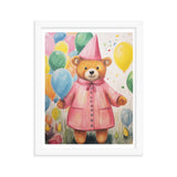 Festive Cheer - Adorable Bear with Balloons - White 11″×14″ - Framed Poster