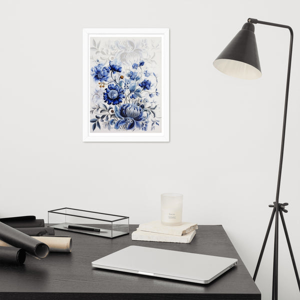 Floral Elegance - Blue Bloom Framed Wall Art - White 12″×16″ - Wooden Framed Posters