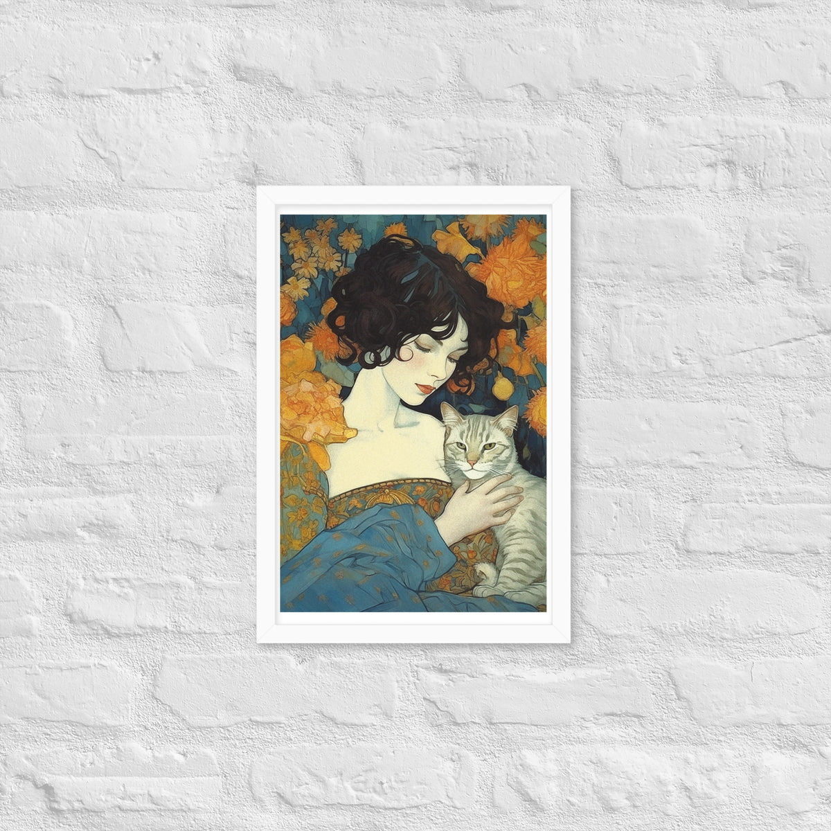 Timeless Bond - Woman and Cat - White - Wooden Framed Posters