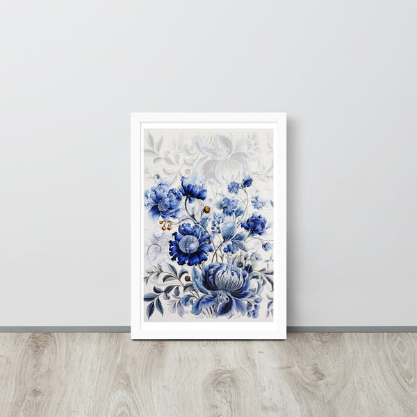 Floral Elegance - Blue Bloom Framed Wall Art - White 12″×18″ - Wooden Framed Posters