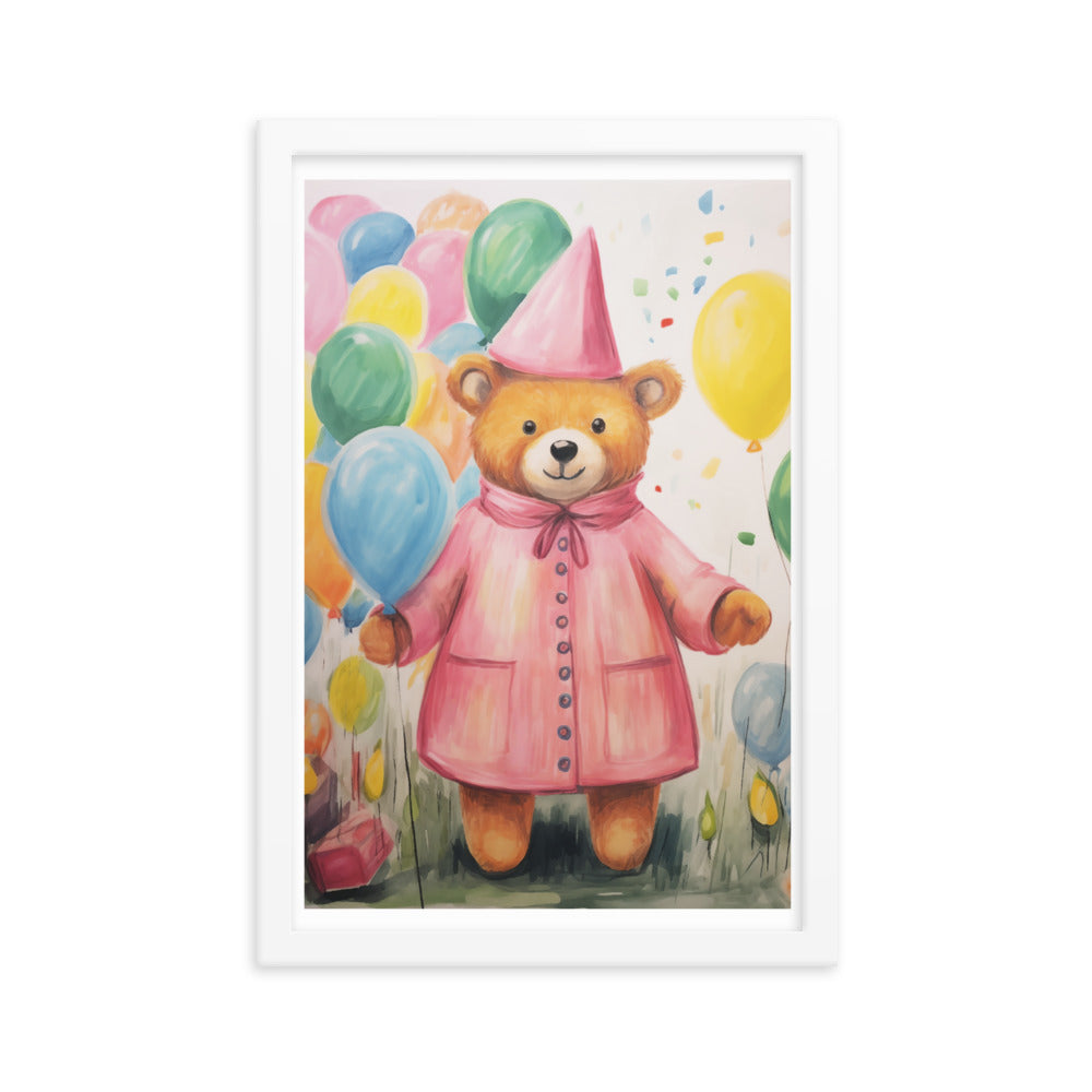 Festive Cheer - Adorable Bear with Balloons - White 12″×18″ - Framed Poster