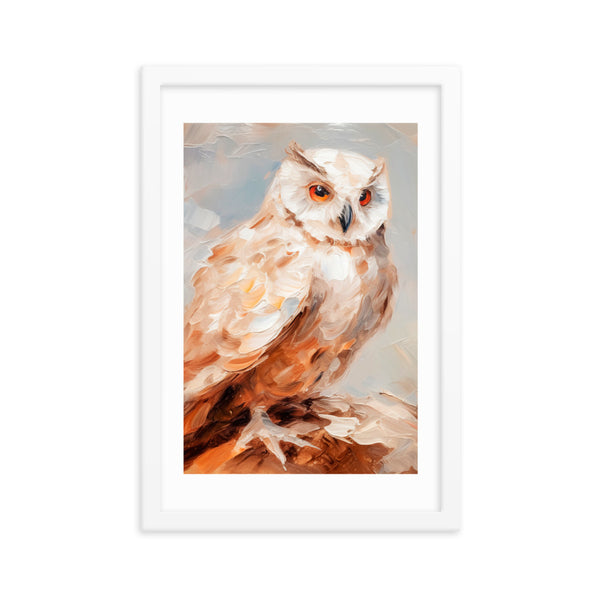 Wild Wisdom - Owl in Earthy Hues - White 12″×18″ - Wooden Framed Posters