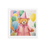 Festive Cheer - Adorable Bear with Balloons - White 14″×14″ - Framed Poster