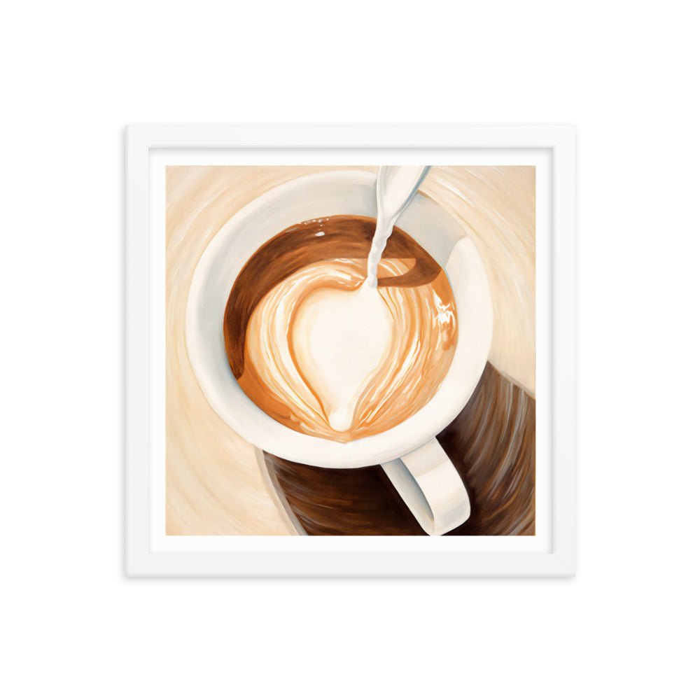 Warmth in a Cup - Heart-Shaped Coffee Art - White 14″×14″ - Framed Posters