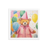 Festive Cheer - Adorable Bear with Balloons - White 16″×16″ - Framed Poster