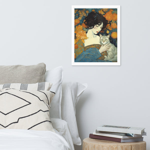 Timeless Bond - Woman and Cat - - Wooden Framed Posters