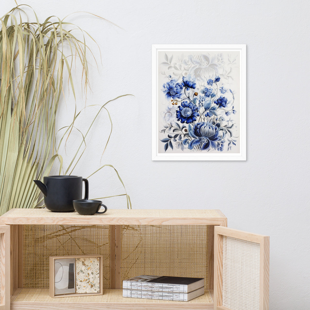 Floral Elegance - Blue Bloom Framed Wall Art - White 16″×20″ - Wooden Framed Posters