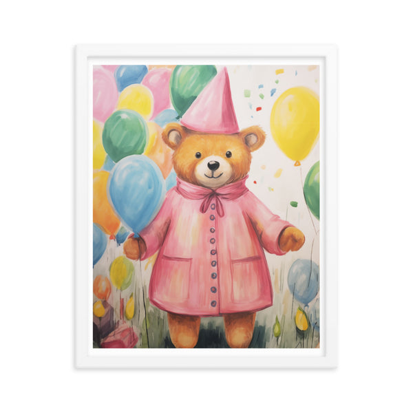 Festive Cheer - Adorable Bear with Balloons - White 16″×20″ - Framed Poster