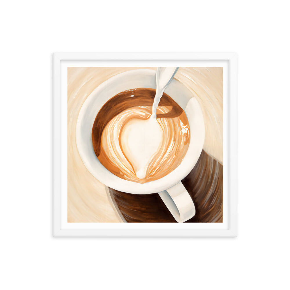 Warmth in a Cup - Heart-Shaped Coffee Art - White 18″×18″ - Framed Posters