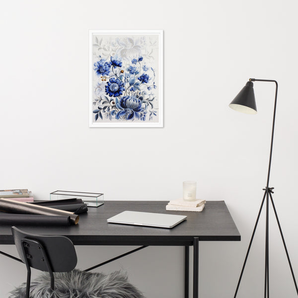 Floral Elegance - Blue Bloom Framed Wall Art - White 18″×24″ - Wooden Framed Posters