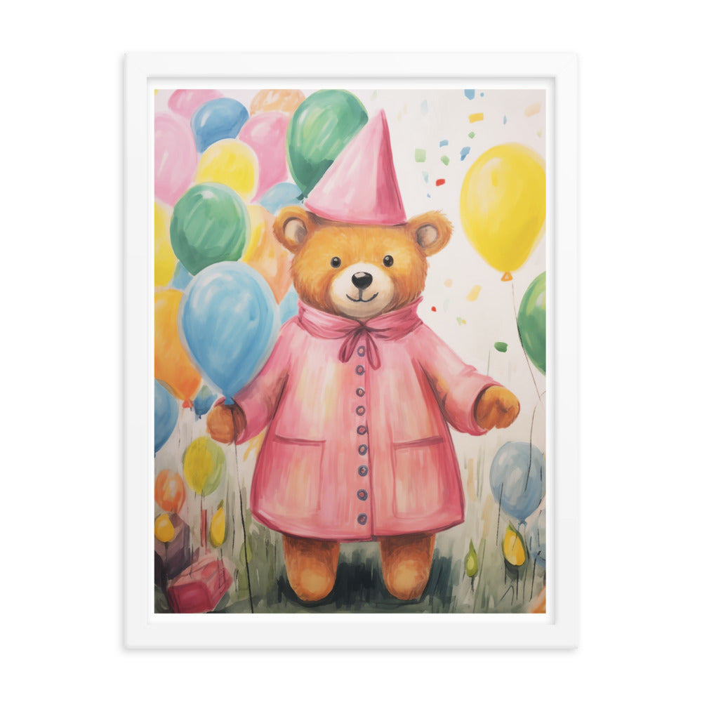 Festive Cheer - Adorable Bear with Balloons - White 18″×24″ - Framed Poster