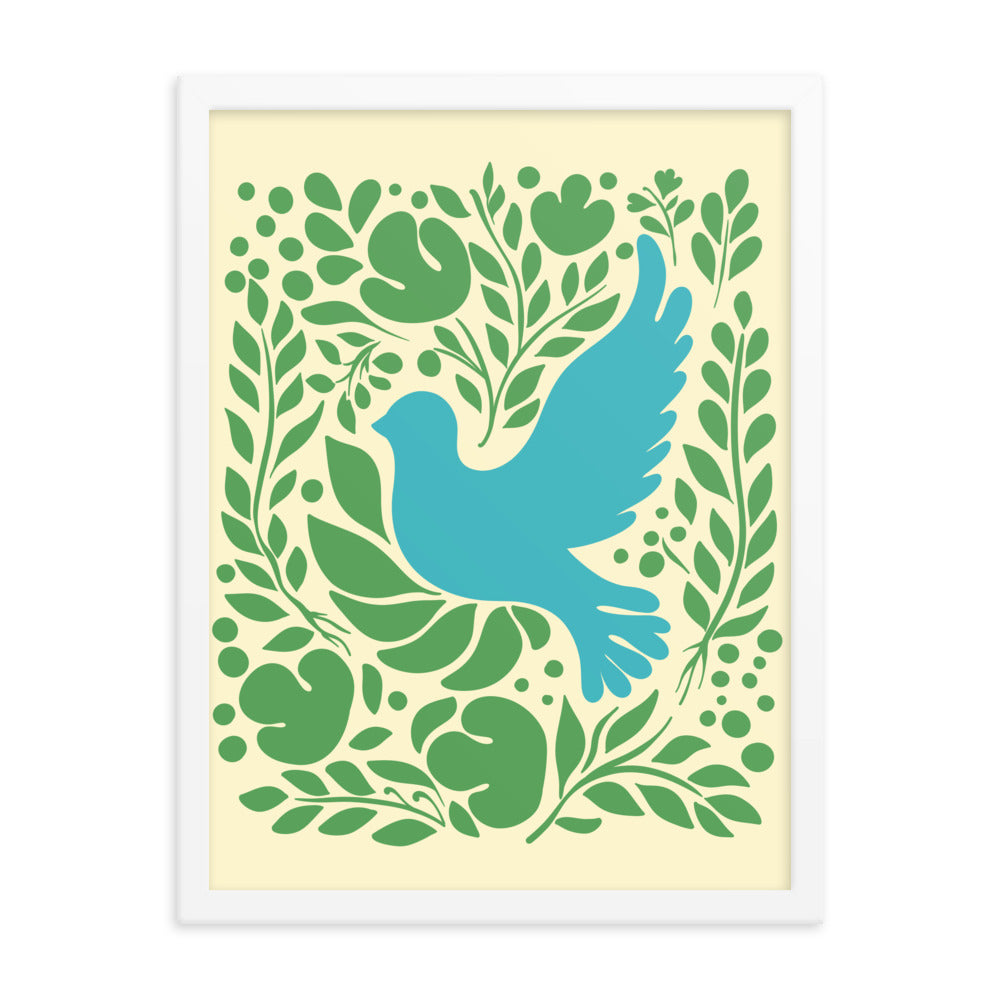 Nature's Embrace - Blue Bird and Greenery - White - Wooden Framed Posters