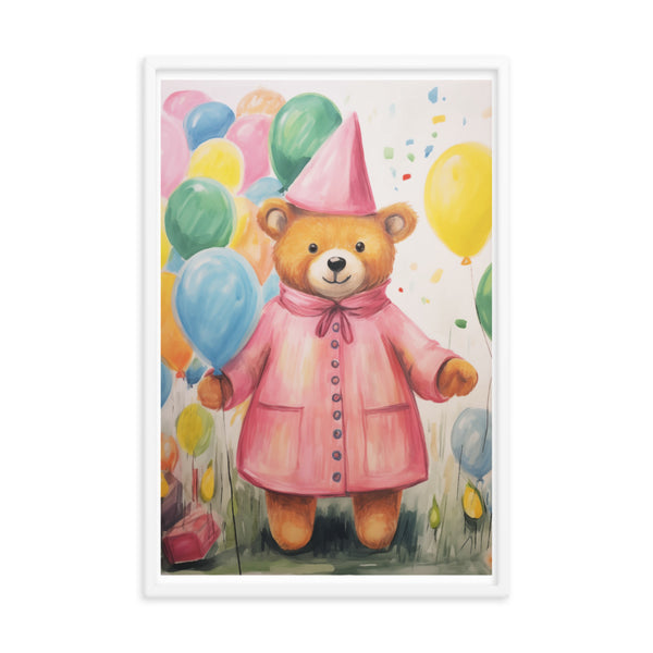 Festive Cheer - Adorable Bear with Balloons - White 24″×36″ - Framed Poster