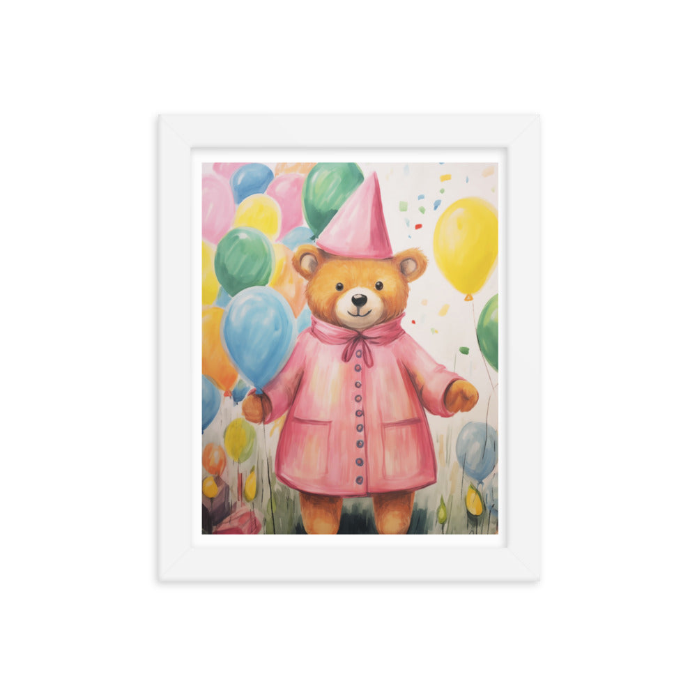 Festive Cheer - Adorable Bear with Balloons - White 8″×10″ - Framed Poster