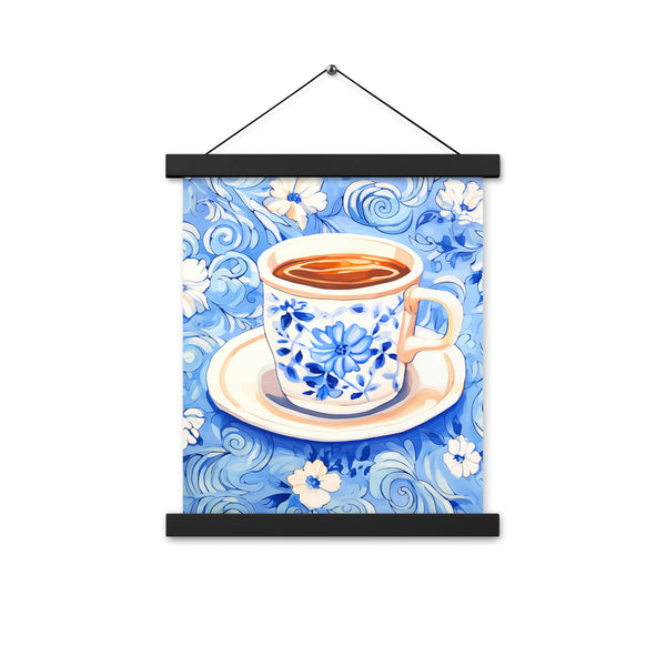 Blue Floral Bliss - Vintage Coffee Cup Art - 11″×14″ - Poster With Hanger