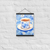 Blue Floral Bliss - Vintage Coffee Cup Art - 12″×16″ - Poster With Hanger