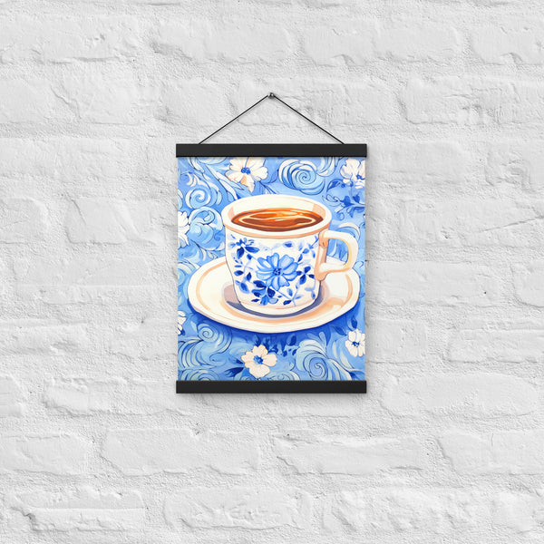 Blue Floral Bliss - Vintage Coffee Cup Art - 12″×16″ - Poster With Hanger