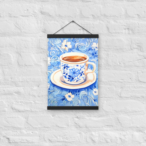 Blue Floral Bliss - Vintage Coffee Cup Art - 12″×18″ - Poster With Hanger