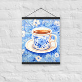 Blue Floral Bliss - Vintage Coffee Cup Art - - Poster With Hanger