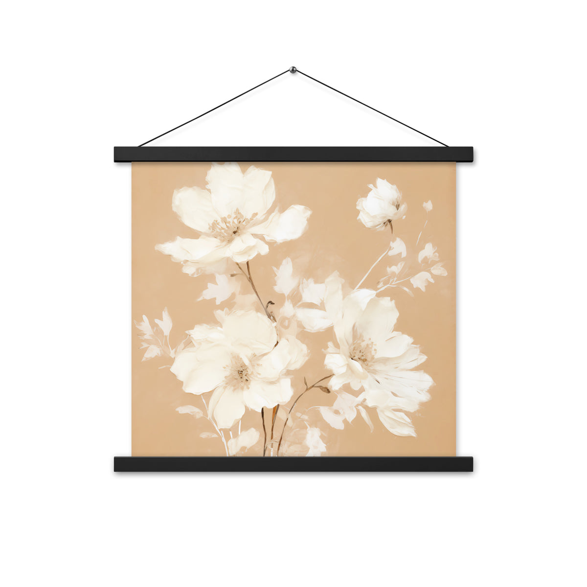 Blossoming Serenity - Elegant Floral Wall Art - Black 18″×18″ - Posters With Hanger