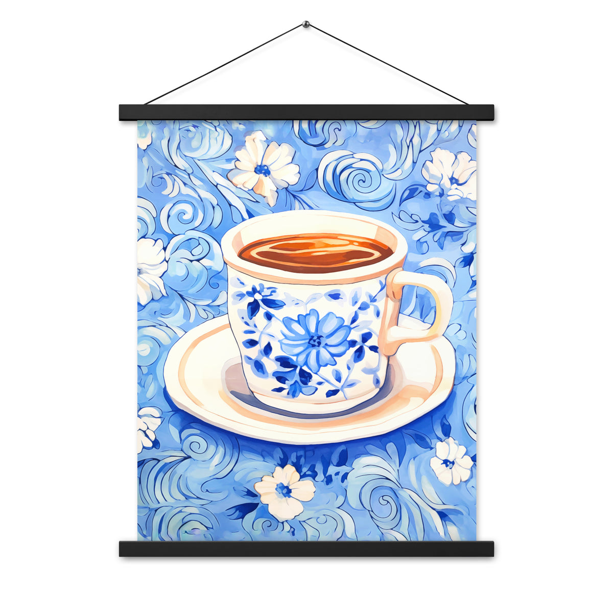 Blue Floral Bliss - Vintage Coffee Cup Art - 18″×24″ - Poster With Hanger