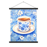 Blue Floral Bliss - Vintage Coffee Cup Art - 18″×24″ - Poster With Hanger