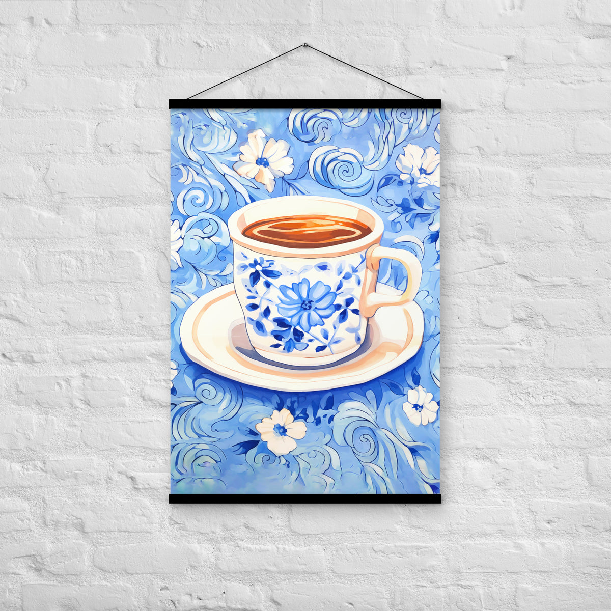 Blue Floral Bliss - Vintage Coffee Cup Art - 24″×36″ - Poster With Hanger