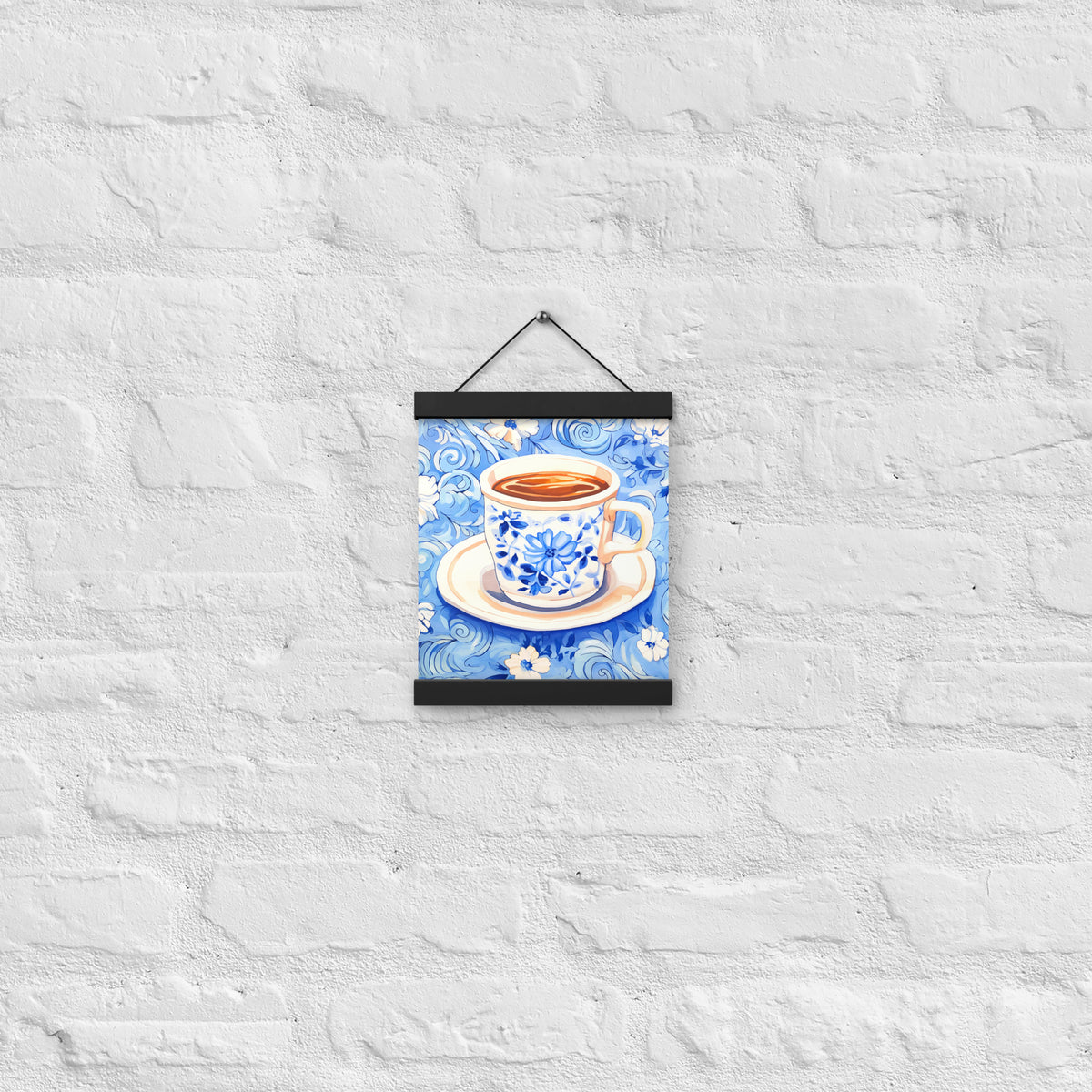 Blue Floral Bliss - Vintage Coffee Cup Art - 8″×10″ - Poster With Hanger