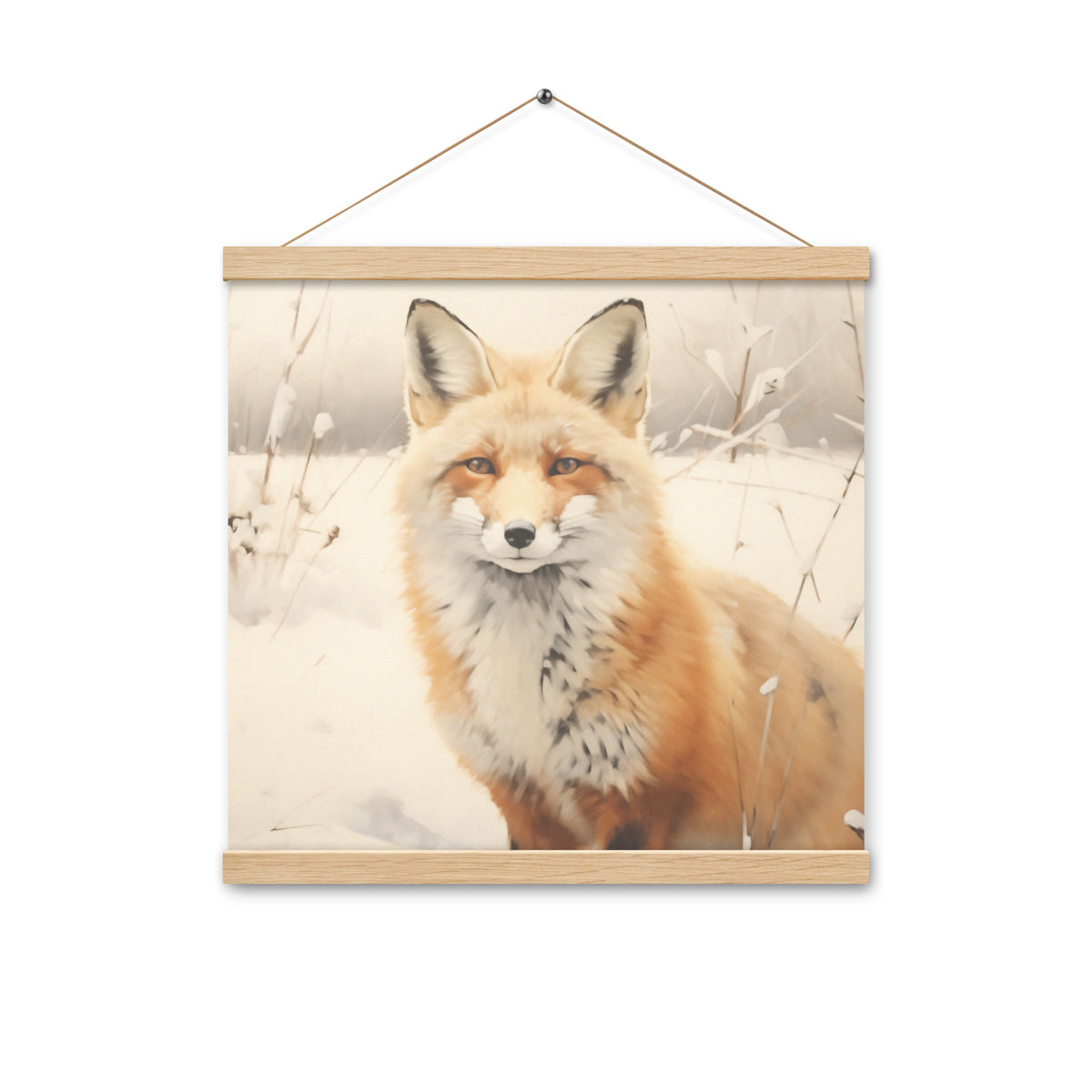 Silent Guardian - Fox in Snow - Oak 16″×16″ - Poster With Hanger