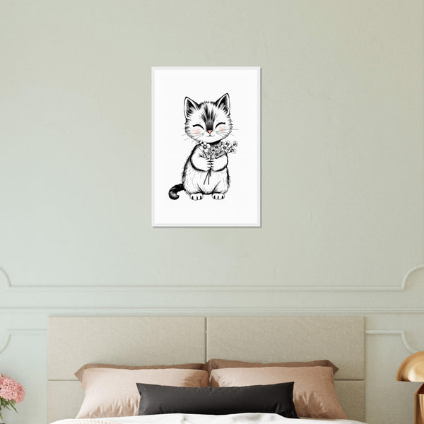 Purrfect Gift - Kitten with Flowers Framed Print - White frame 40x60 cm 16x24″ - Wooden Framed Posters