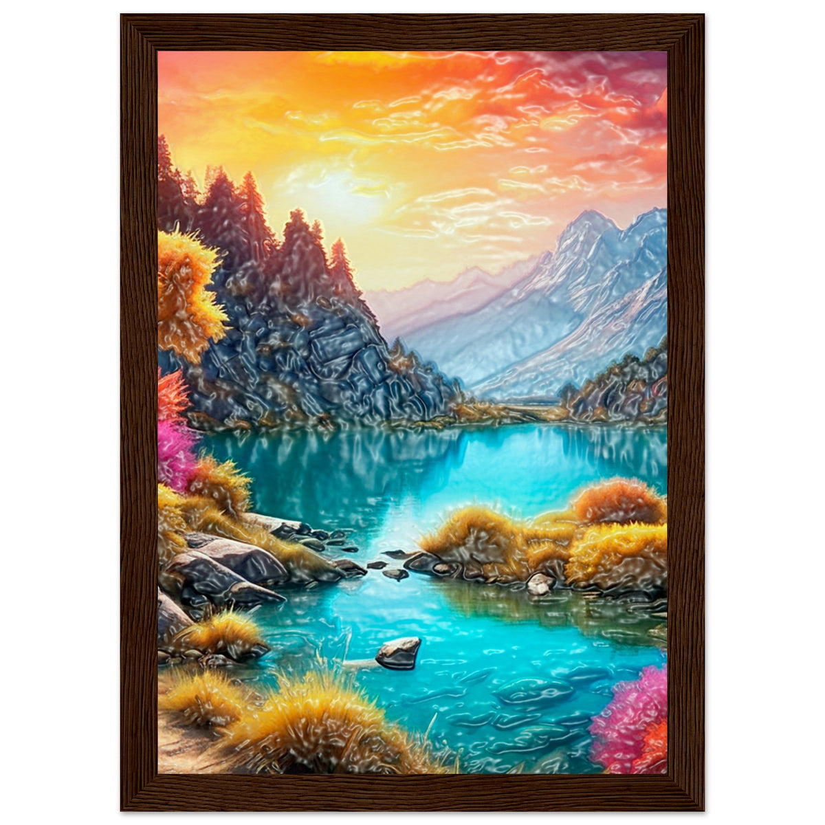 Mountain Serenity - Tranquil Landscape Art - A4 21x29.7 cm 8x12″ Dark wood frame - Wooden Framed Poster