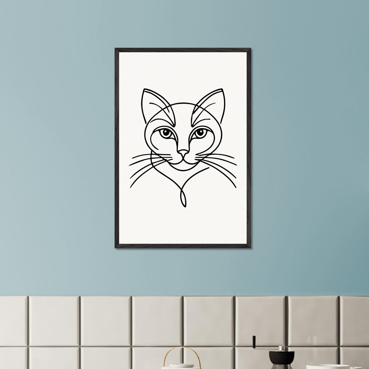 Timeless Cat Line Art - Natural Wood Framed Elegance - - Wooden Framed Posters