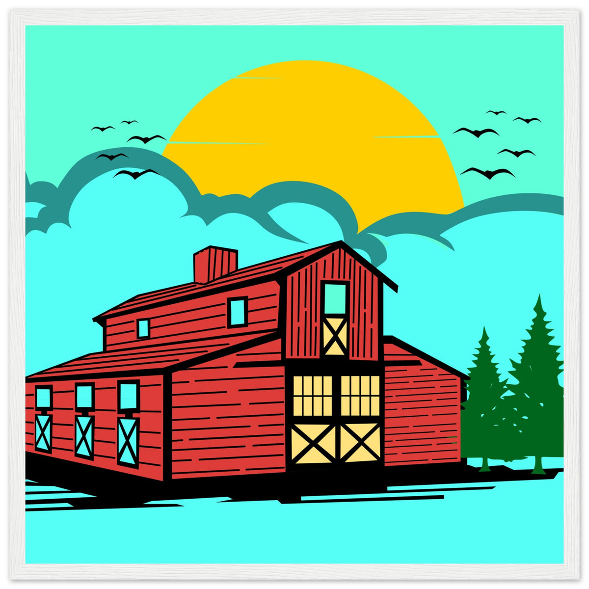 Countryside Sunrise - A Nostalgic Barn Scene - 50x50 cm 20x20″ White frame - Wooden Framed Posters