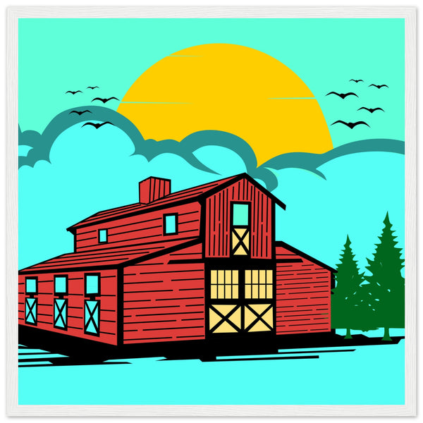 Countryside Sunrise - A Nostalgic Barn Scene - 50x50 cm 20x20″ White frame - Wooden Framed Posters