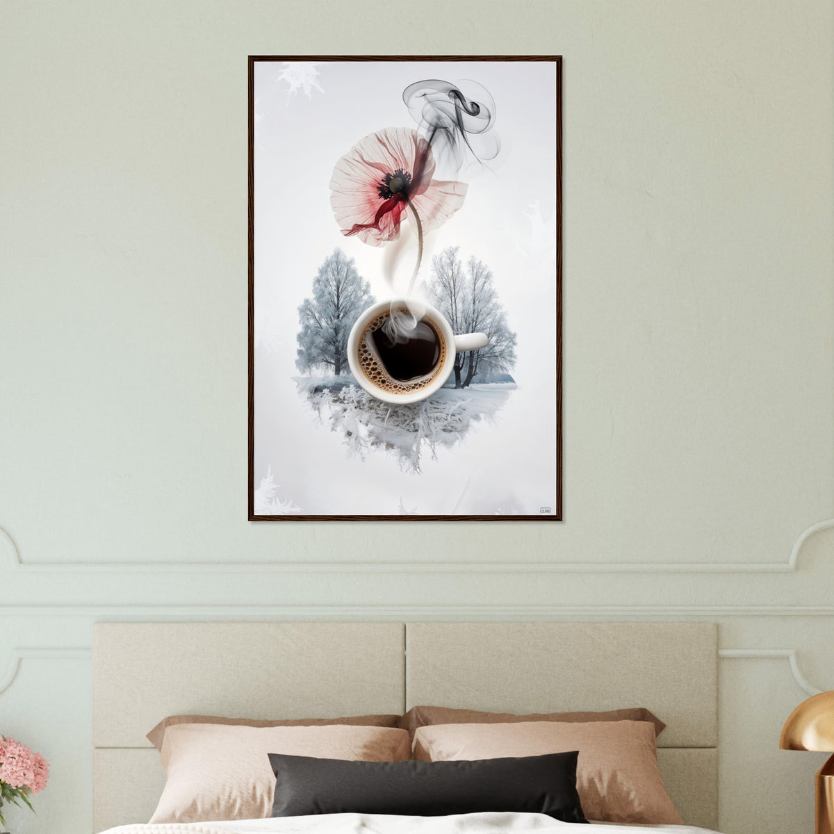 Cozy Awakening - Coffee & Flower Wall Art - Dark wood frame 60x90 cm 24x36″ - Wooden Framed Posters