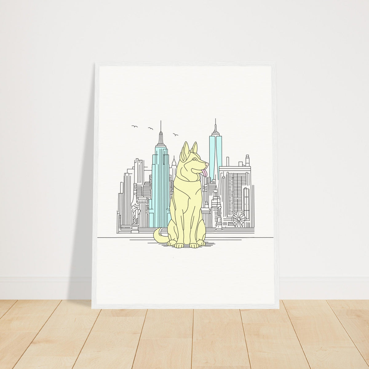 Urban Companion - Dog and Cityscape Art - 45x60 cm 18x24″ White frame - Wooden Framed Posters