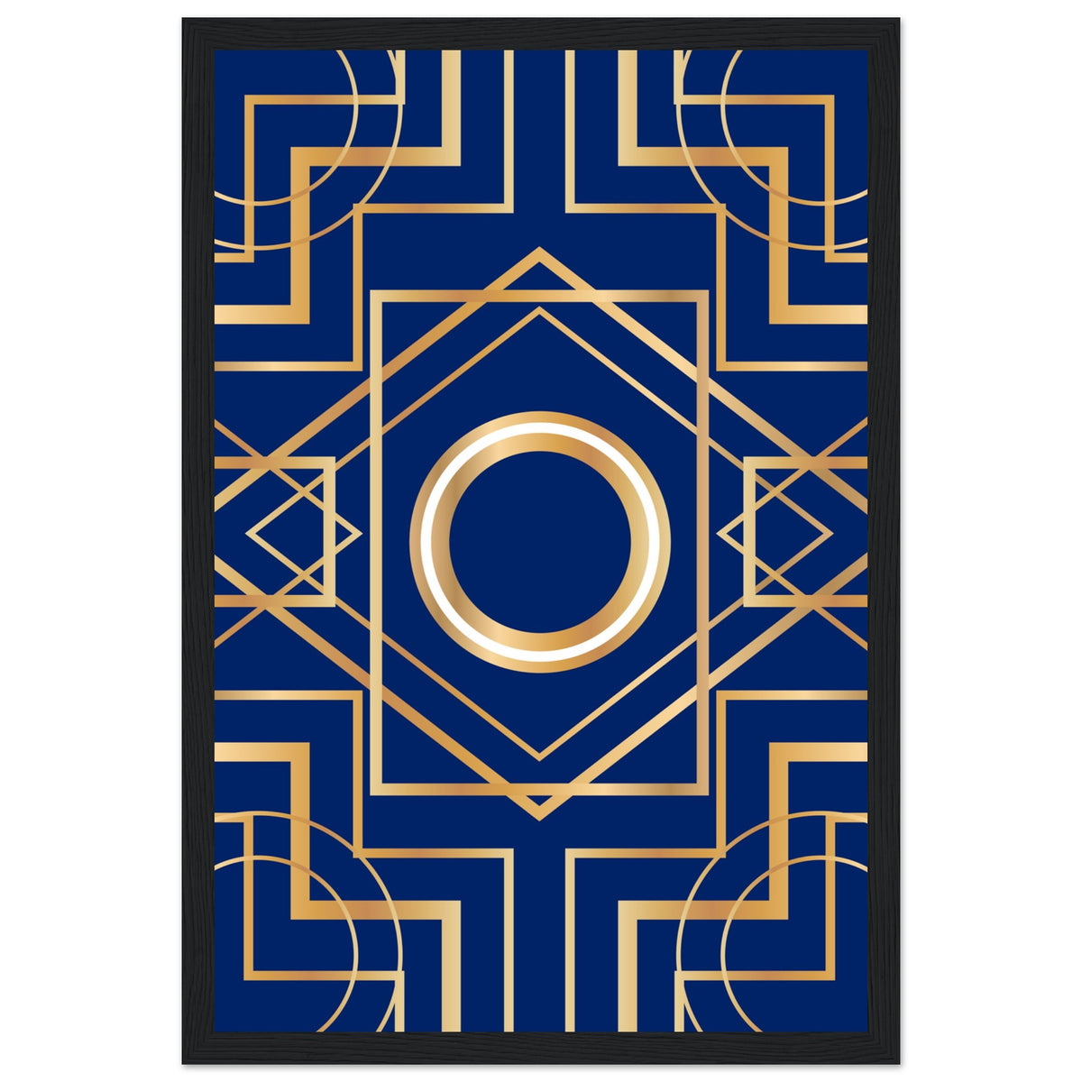 Art Deco Elegance - Blue & Gold Geometric Framed Print - 30x45 cm 12x18″ Black frame - Wooden Framed Posters