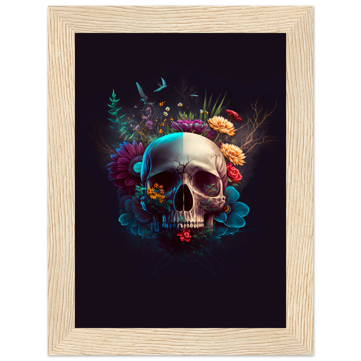 Nature’s Duality - Vibrant Flowers and Skull - 13x18 cm 5x7″ Wood frame - Wooden Framed Posters