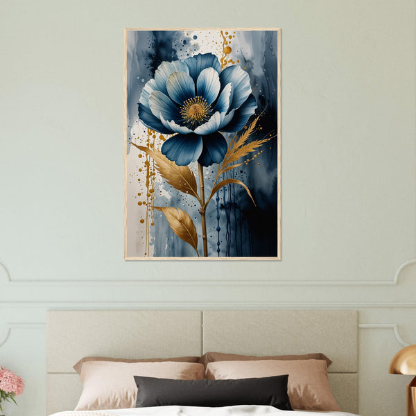 Indigo Dreams - Modern Floral Wall Art - Wood frame 60x90 cm 24x36″ - Wooden Framed Posters
