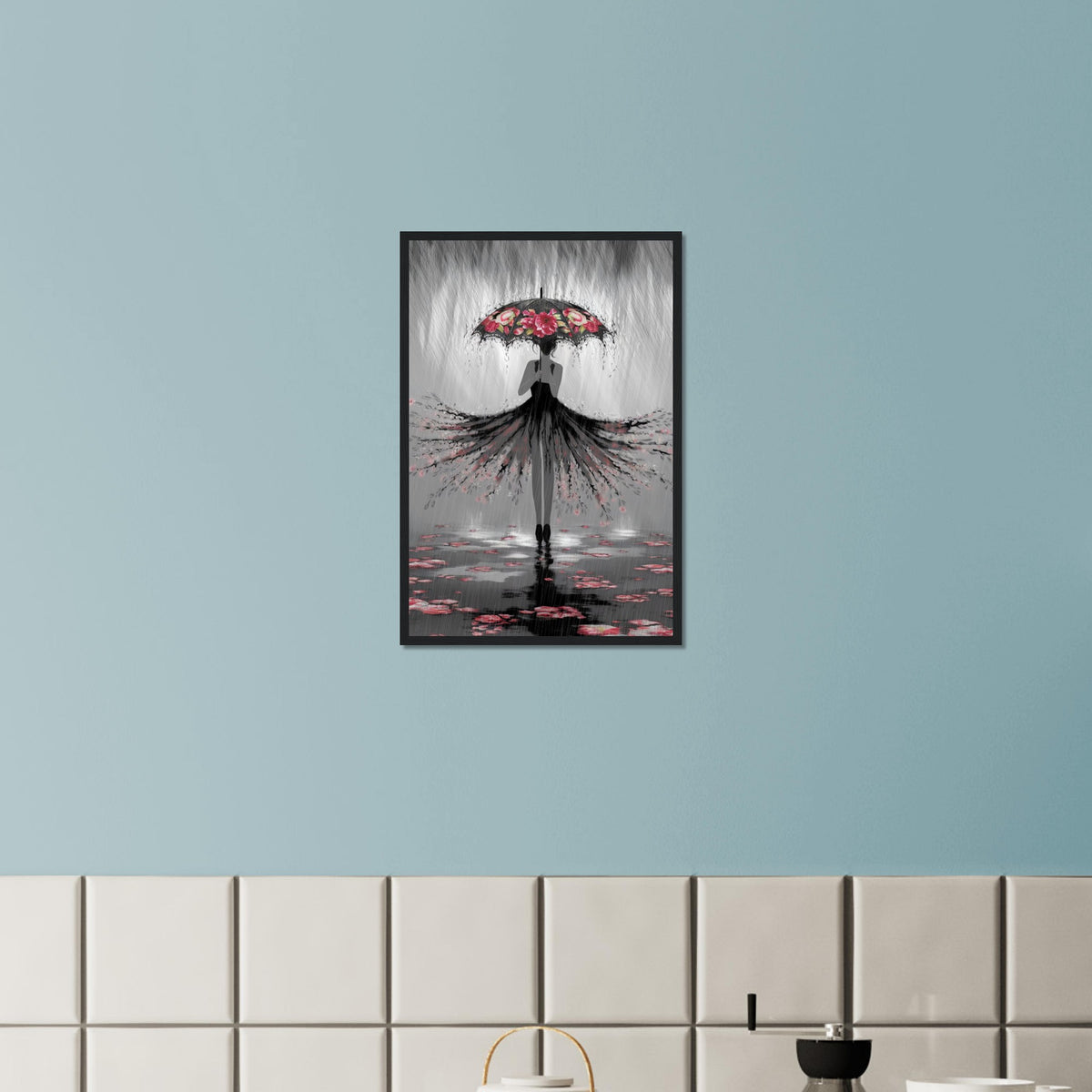 Whispers of the Rain - Woman with Umbrella Art - 40x60 cm 16x24″ Black frame - Framed Posters