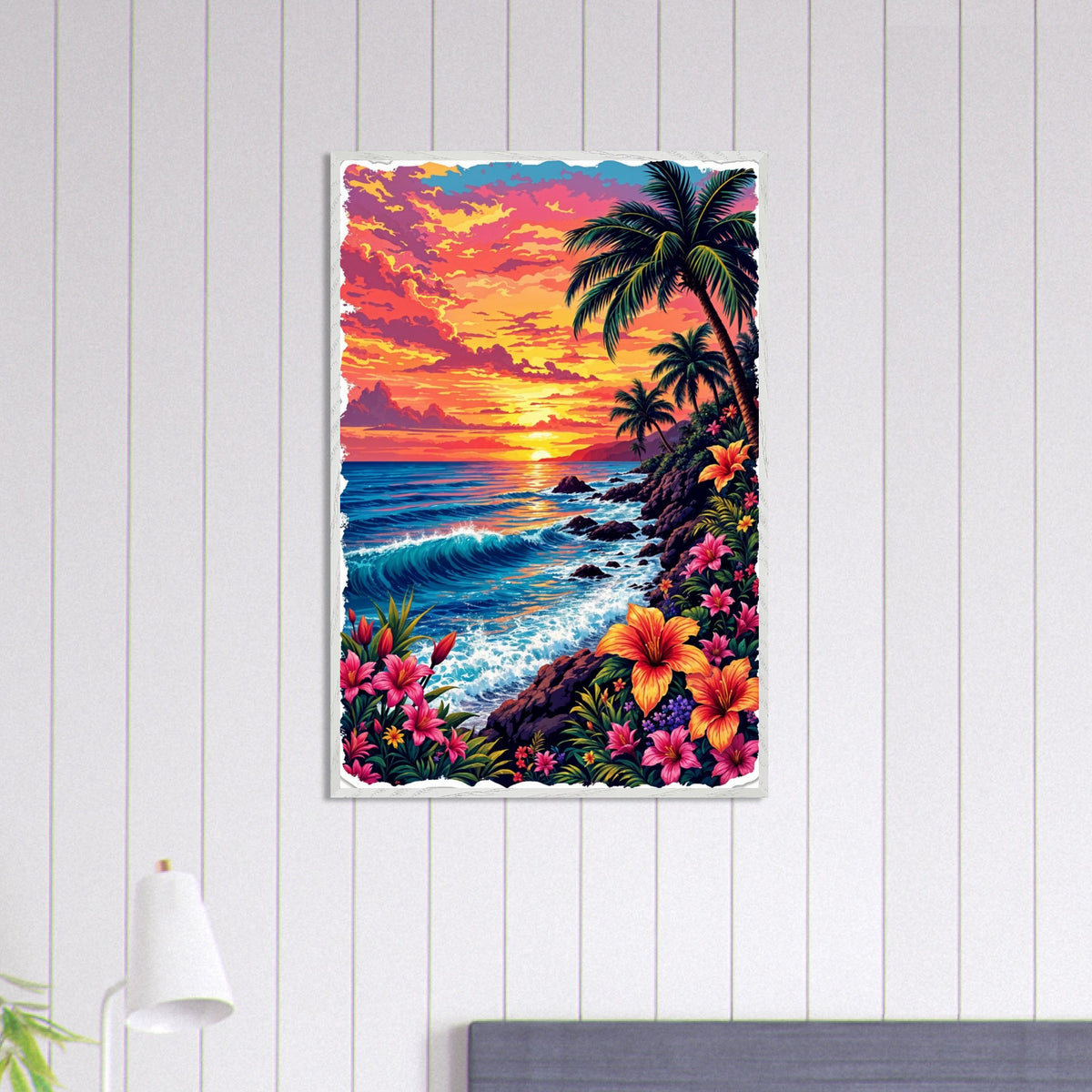 Ocean Waves & Paradise Flowers - A Sunset Dream - - Framed Posters