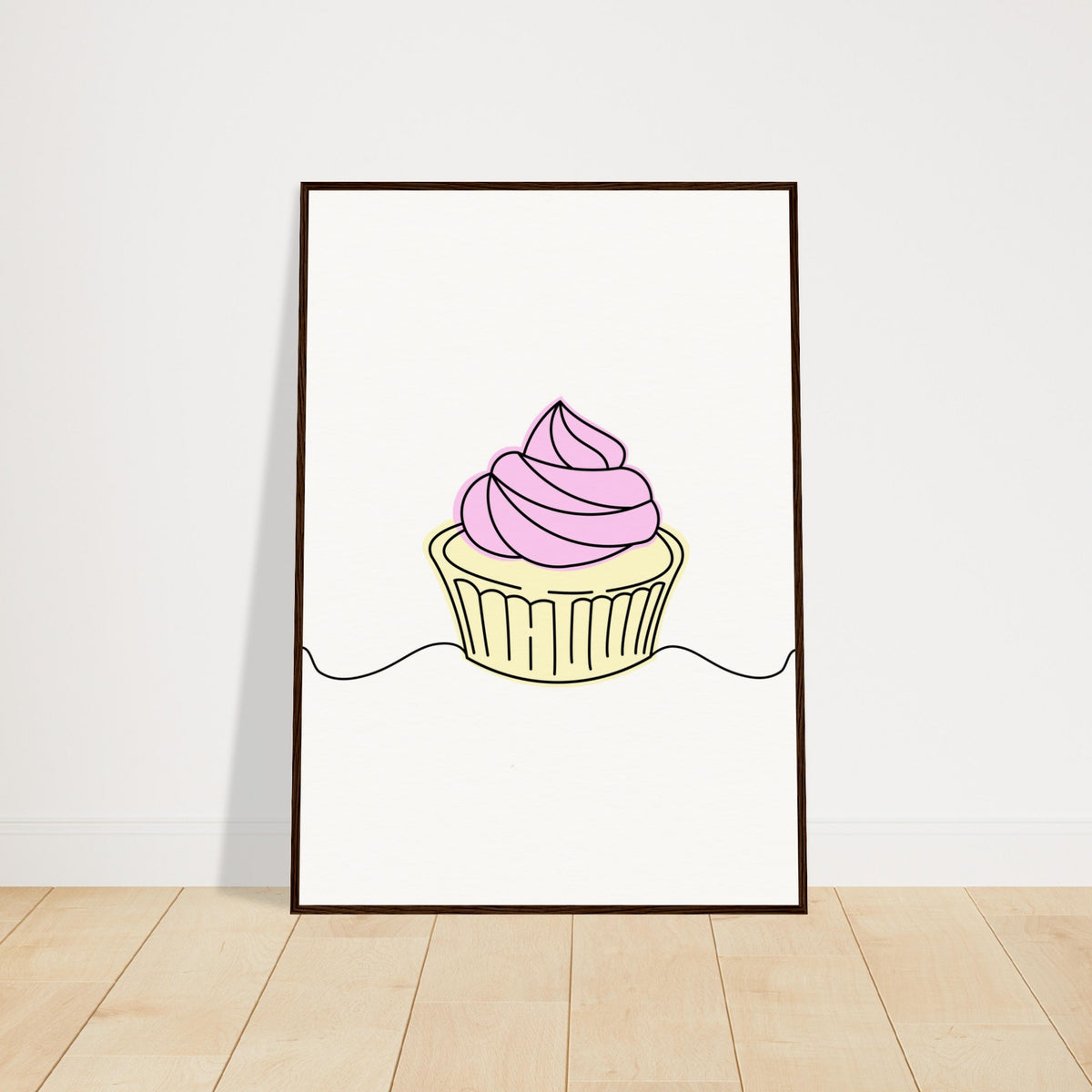 Cupcake Delight - Minimalist Pink Frosting Art - 70x100 cm 28x40″ Dark wood frame - Wooden Framed Posters