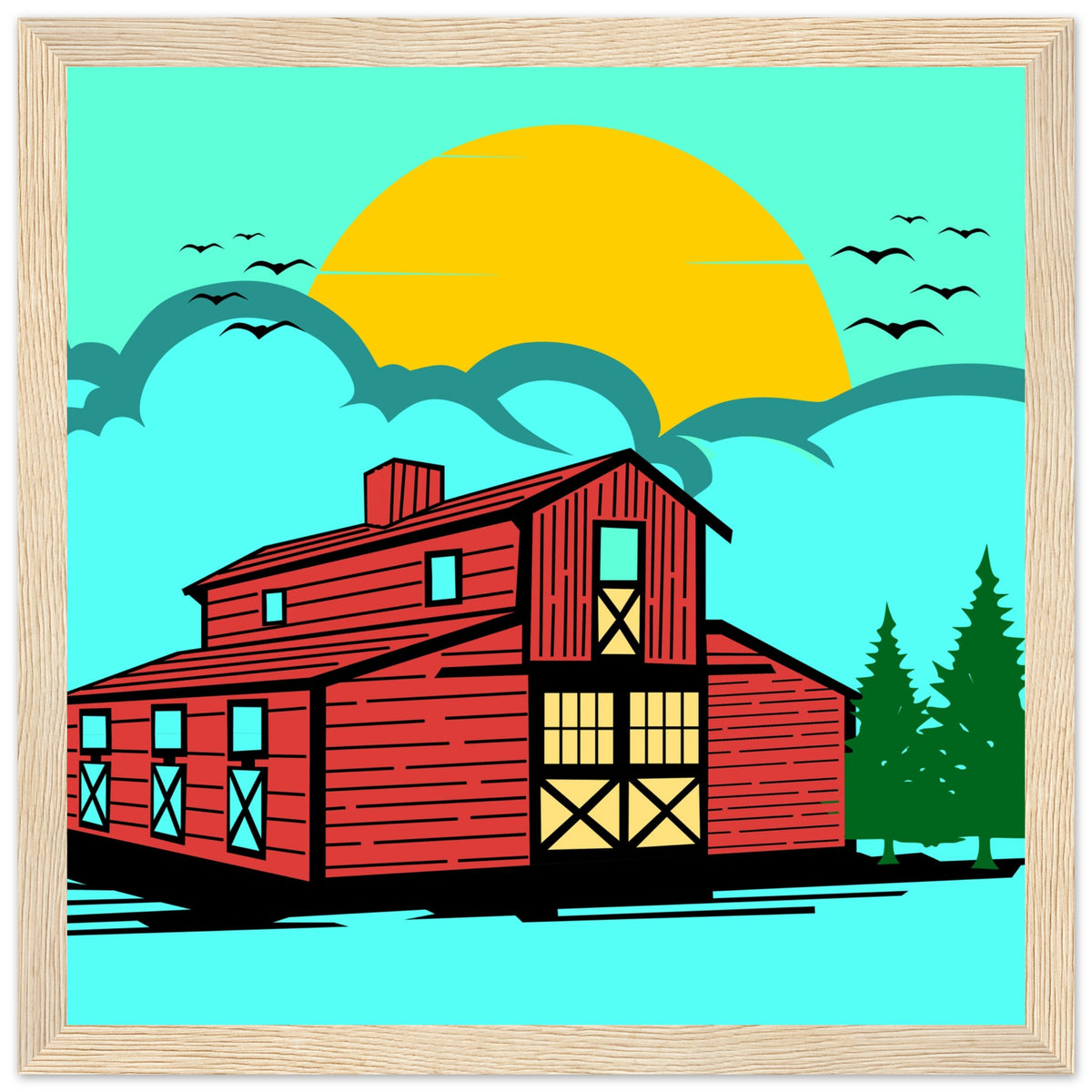 Countryside Sunrise - A Nostalgic Barn Scene - 30x30 cm 12x12″ Wood frame - Wooden Framed Posters