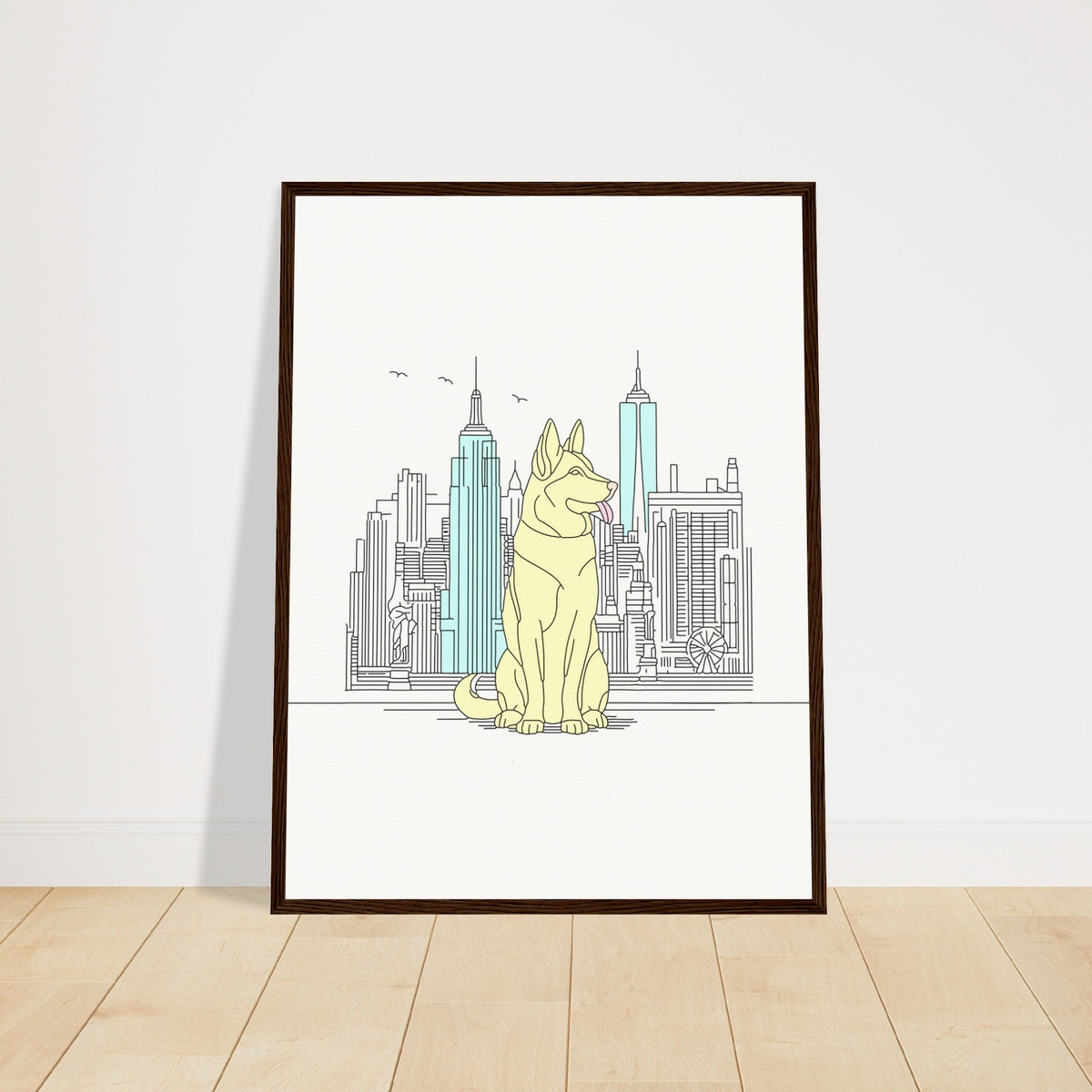 Urban Companion - Dog and Cityscape Art - 45x60 cm 18x24″ Dark wood frame - Wooden Framed Posters