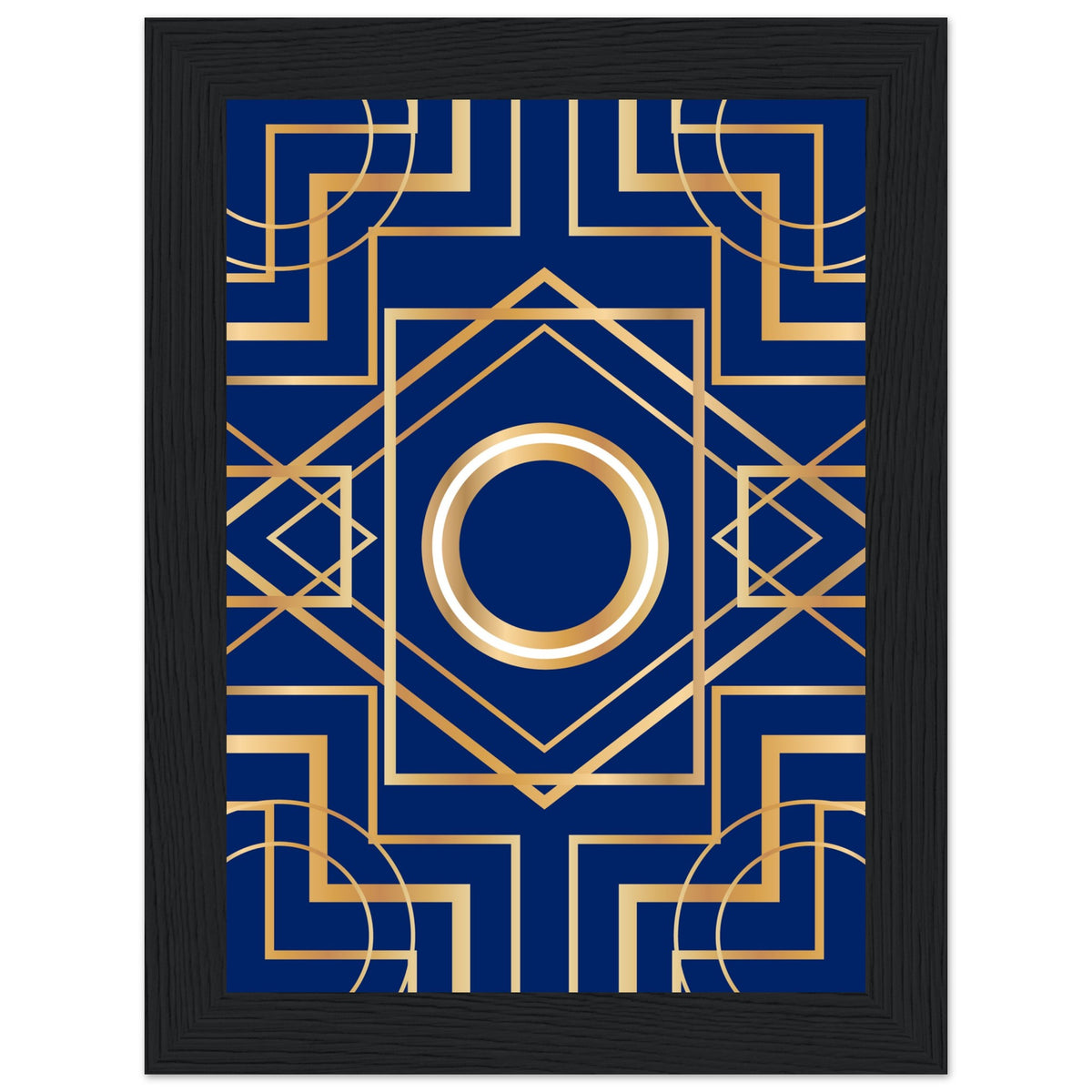 Art Deco Elegance - Blue & Gold Geometric Framed Print - 13x18 cm 5x7″ Black frame - Wooden Framed Posters