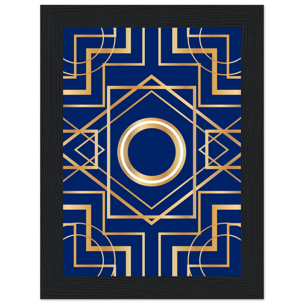 Art Deco Elegance - Blue & Gold Geometric Framed Print - 13x18 cm 5x7″ Black frame - Wooden Framed Posters