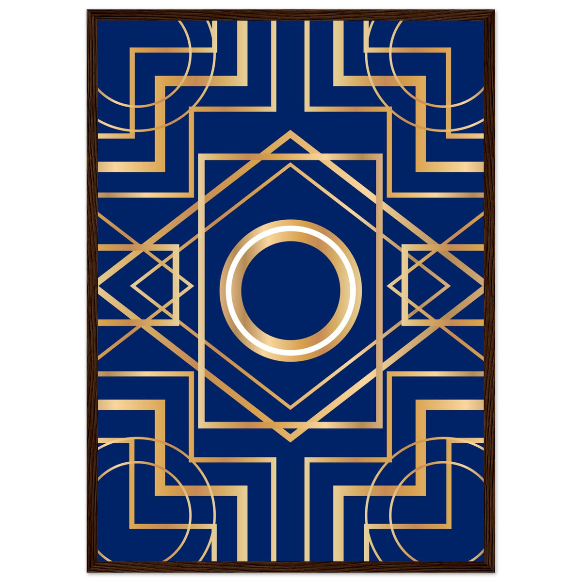 Art Deco Elegance - Blue & Gold Geometric Framed Print - 50x70 cm 20x28″ Dark wood frame - Wooden Framed Posters