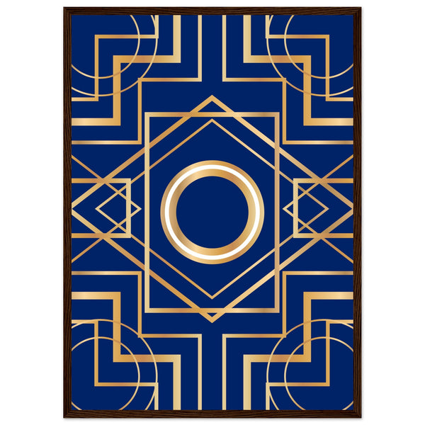 Art Deco Elegance - Blue & Gold Geometric Framed Print - 50x70 cm 20x28″ Dark wood frame - Wooden Framed Posters