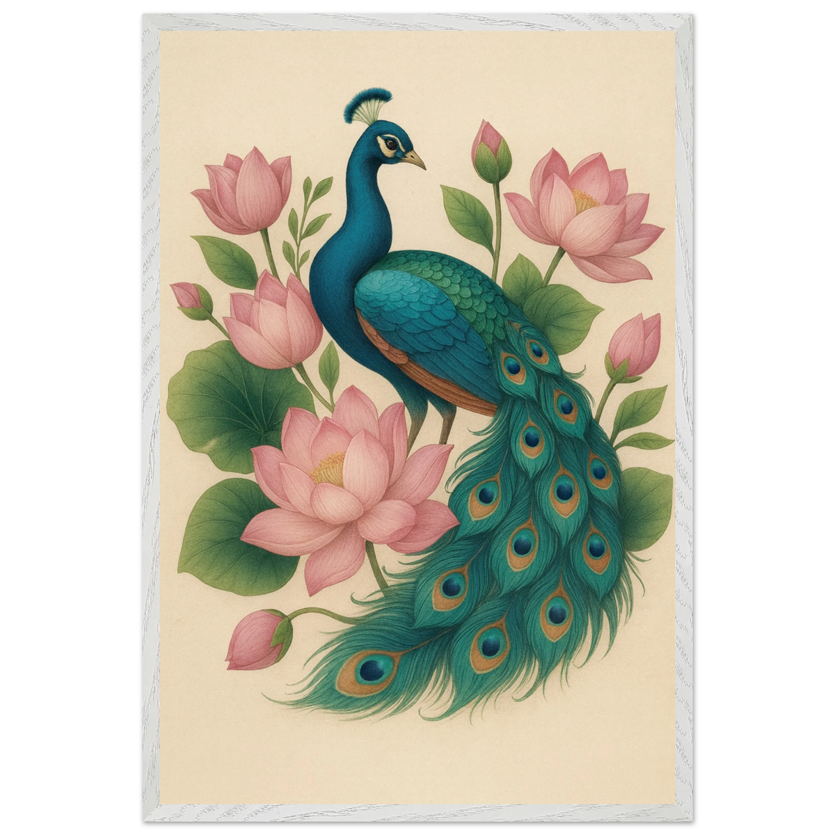 Peacock & Lotus Harmony – Wooden Framed Wall Art Gift - White frame - Wooden Framed Posters