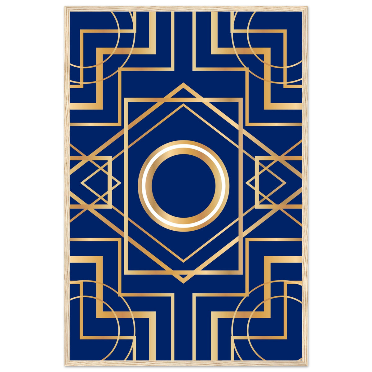 Art Deco Elegance - Blue & Gold Geometric Framed Print - 60x90 cm 24x36″ Wood frame - Wooden Framed Posters